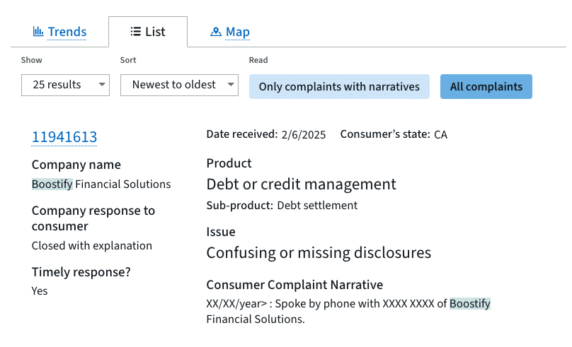 Screenshot of CFPB complaint on Boostify