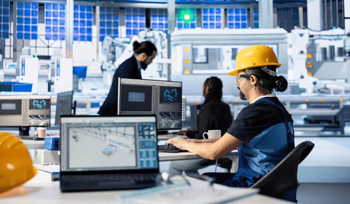 A factory operator wearing a hard hat working at a digital workstation with machinery on an assembly line in the background.