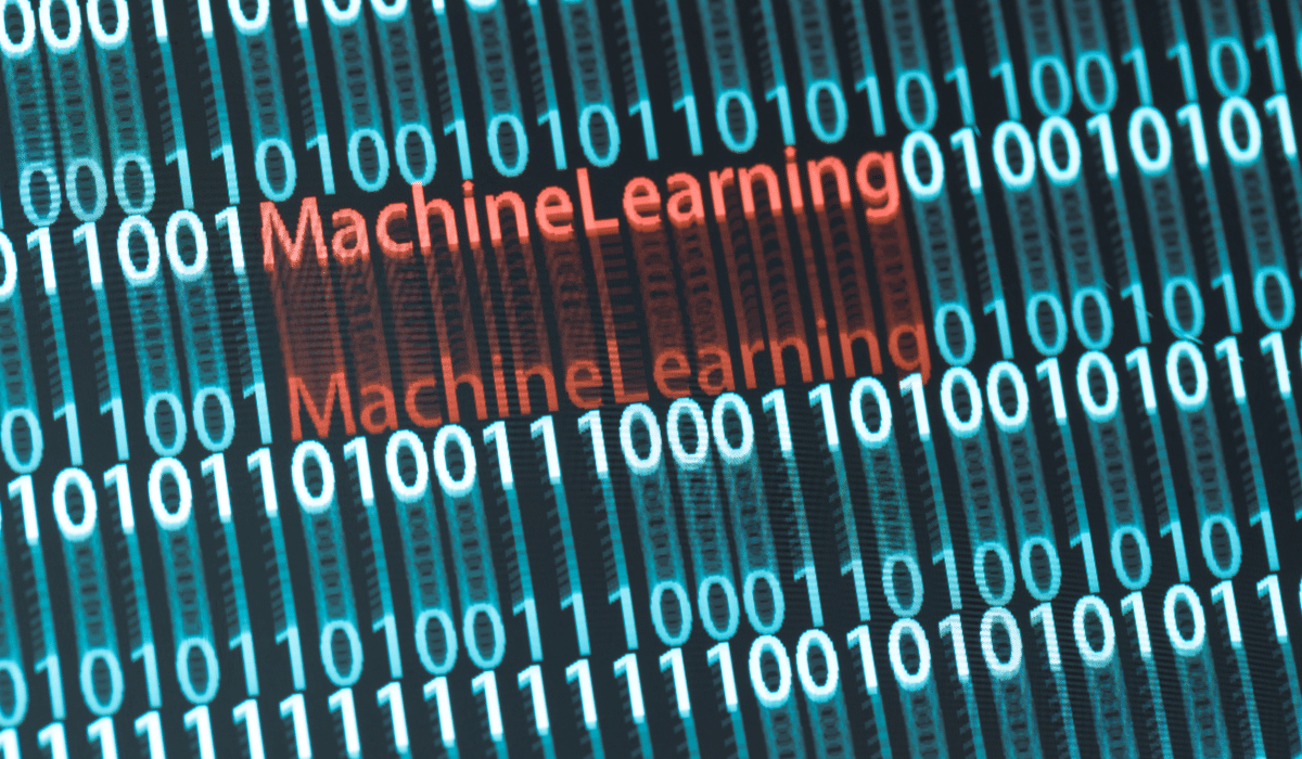 Red digital text labeled Machine Learning overlaid on a blue binary code background